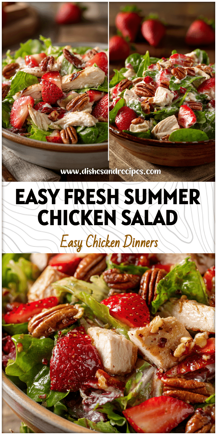 Bowl of colorful Summer Chicken Salad with Pecans, strawberries, greens, and grilled chicken.